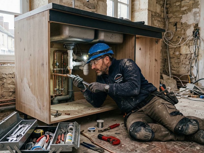 Plumber fixing a pipe in a bathroom