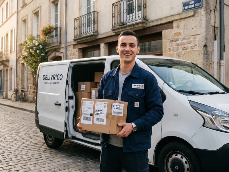 Delivery person standing by a white van