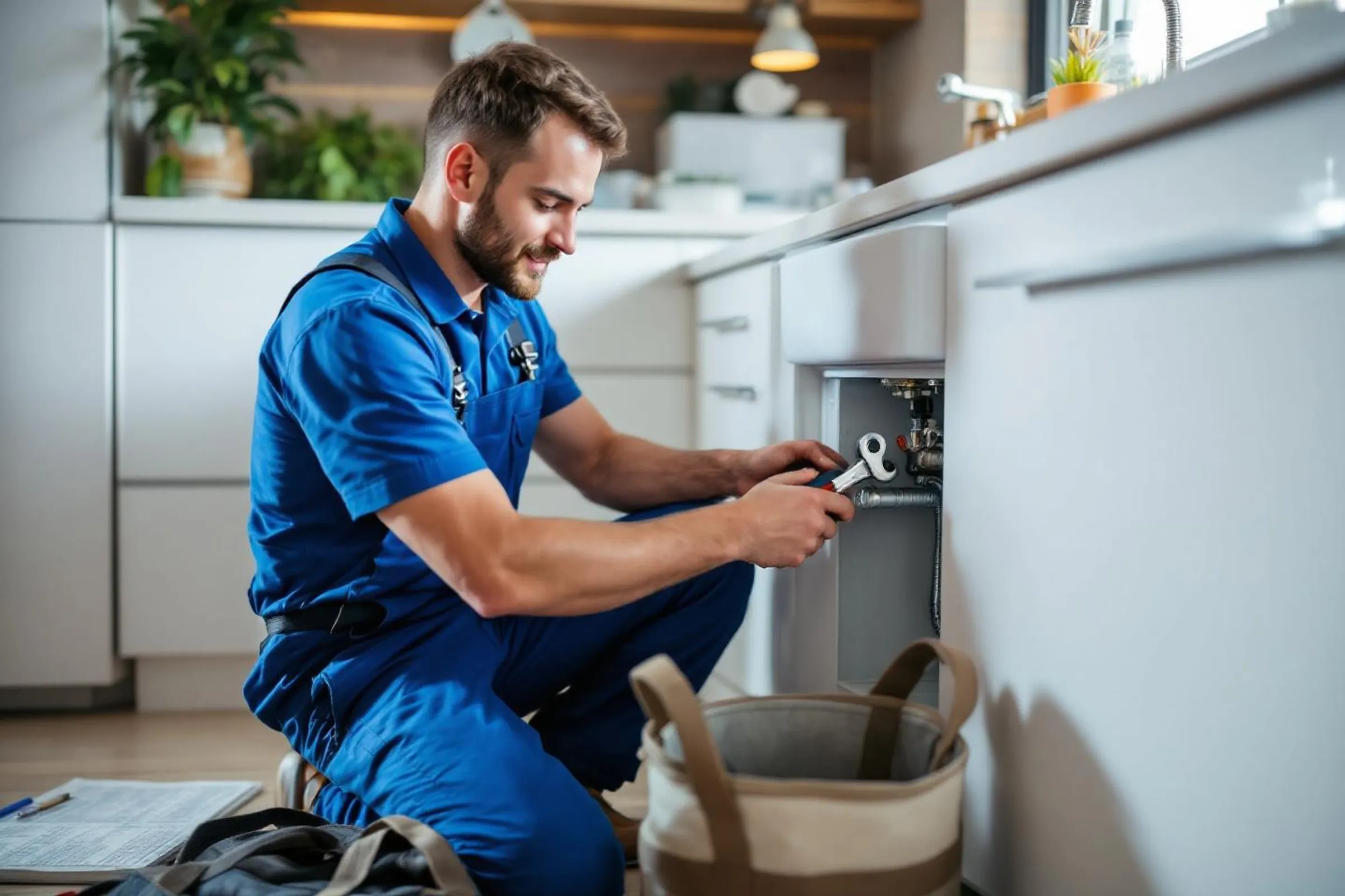 electrician in blue uniform working on modern electrical panel with tools