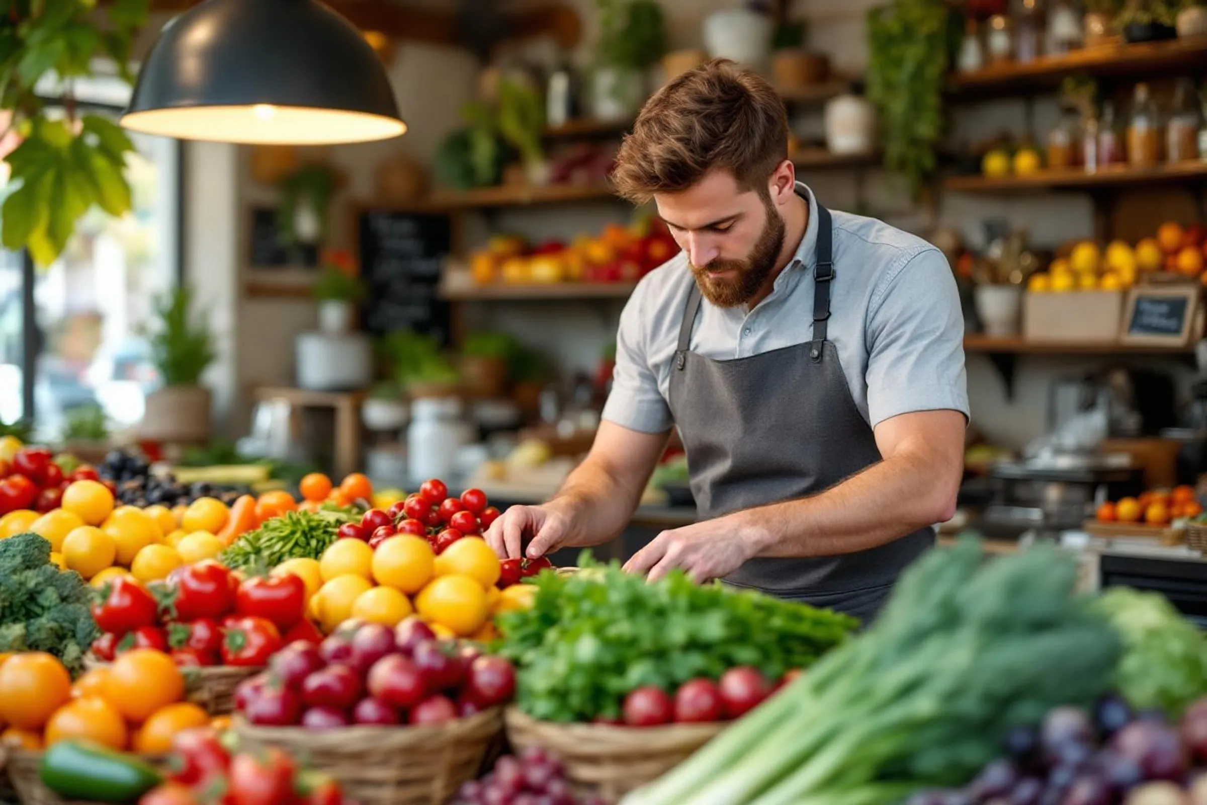 colorful fresh vegetable and fruit stall in a charming French market with warm lighting