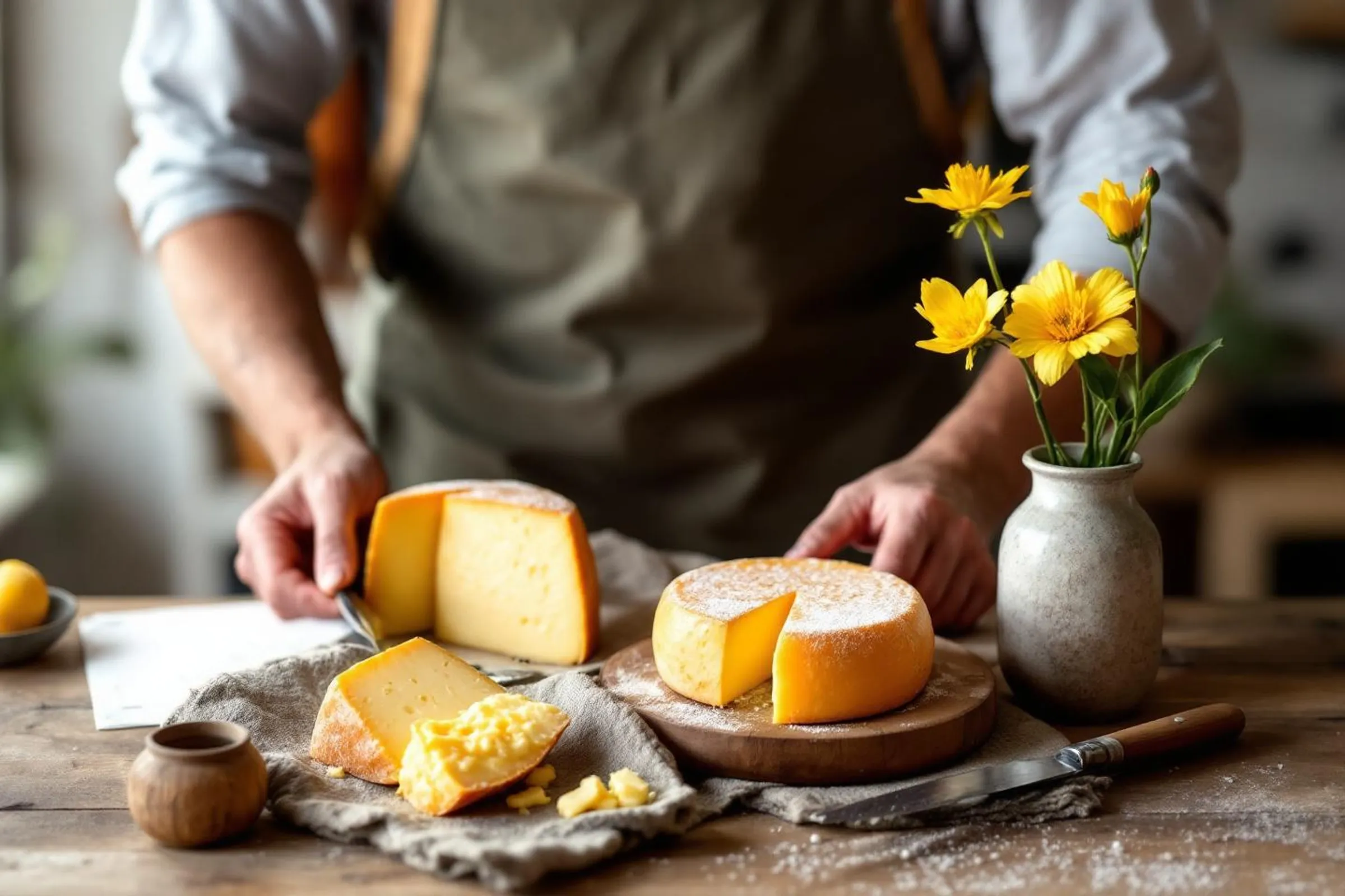 artisan cheese display with golden reblochon and blooming flower tomme on rustic wooden table