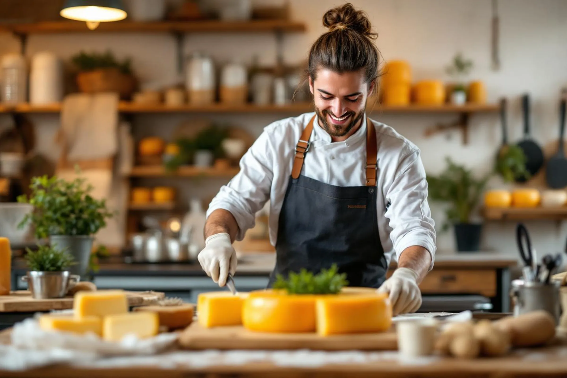 artisan cheese display with golden crusts and fresh herbs in warm rustic fromagerie