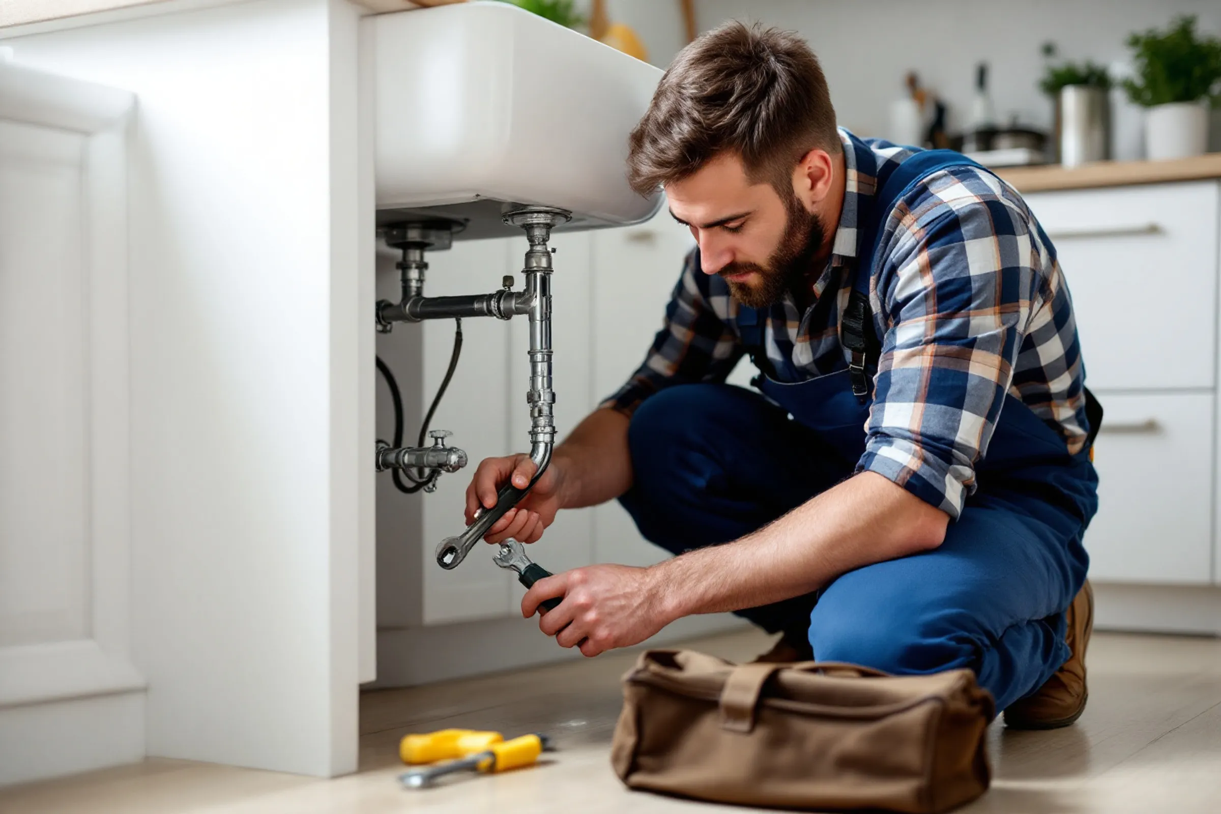 professional plumber fixing leak under modern kitchen sink with tools
